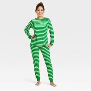 Women's Striped 100% Cotton Matching Family Pajama Set - Green S